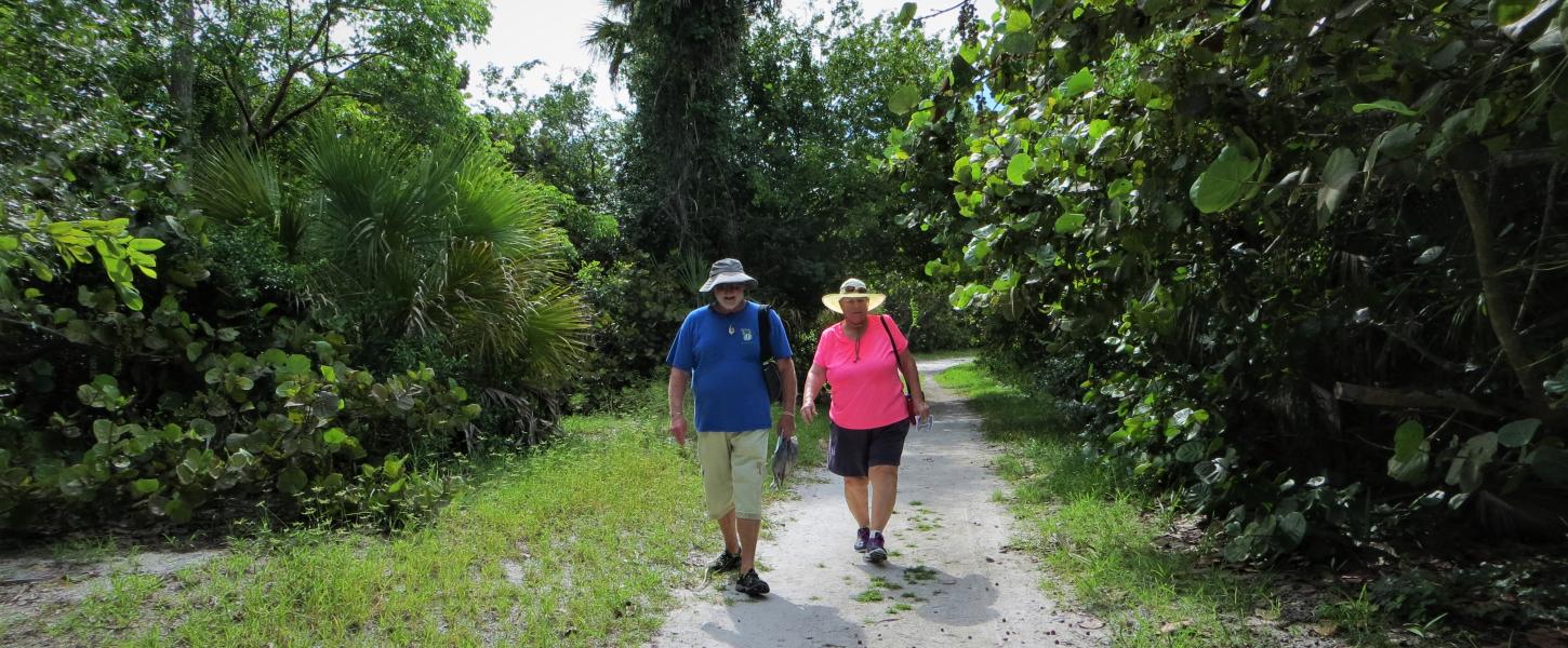 A view of two people walking along a trail.