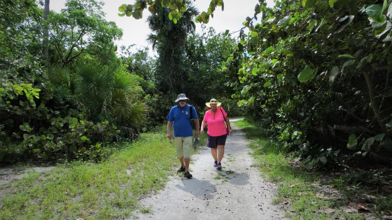 A view of two people walking along a trail.