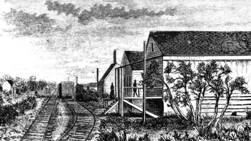 Historic black and white depiction of the historic st. marks railroad station. 