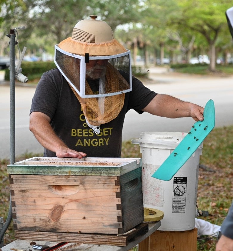 A man wearing a beekeeper's protective helmet working with a wooden bee hive box