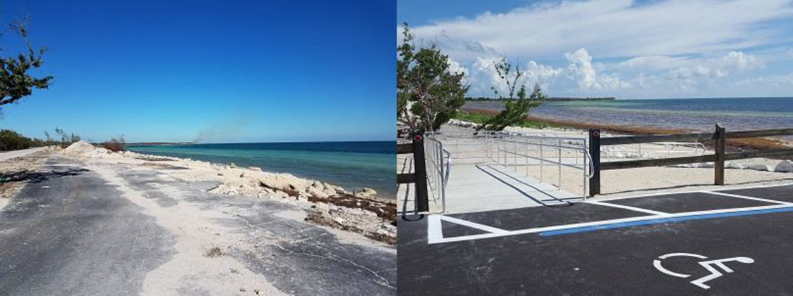 A before and after of the parking lot and accessible path at Loggerhead Beach.