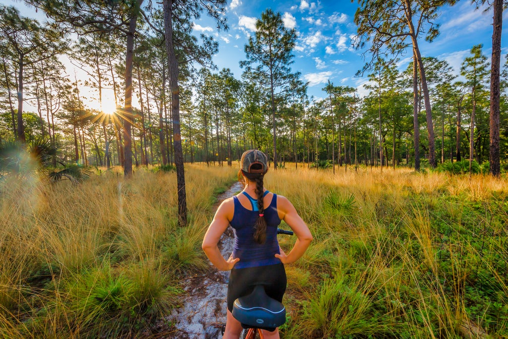 A woman stands over a bicycle, her back facing the camera, as she looks out over a sun-dappled forest at Wekiwa Springs State Park.