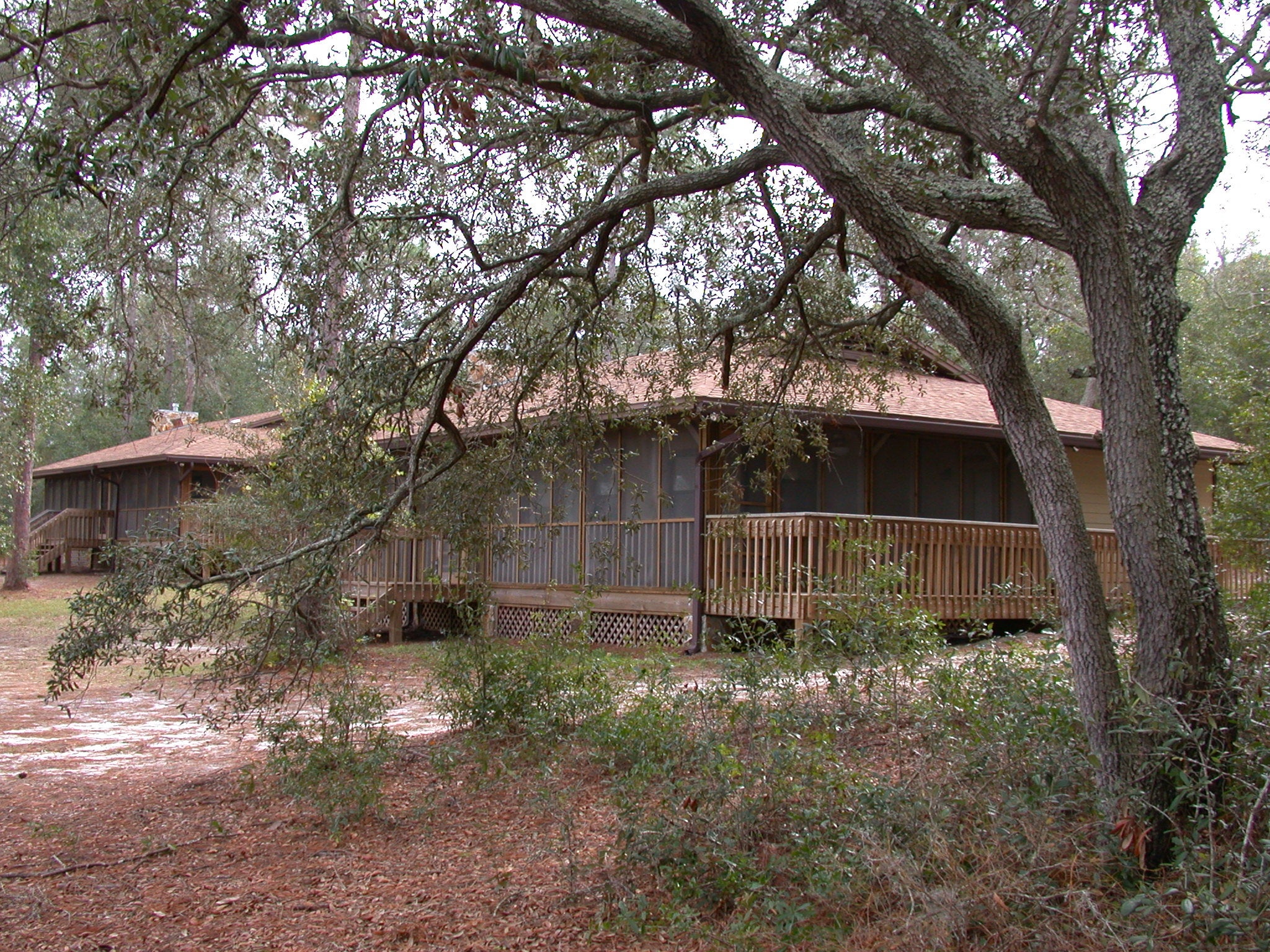 a brown cabin sits in the woods with a ramp going to the doorway