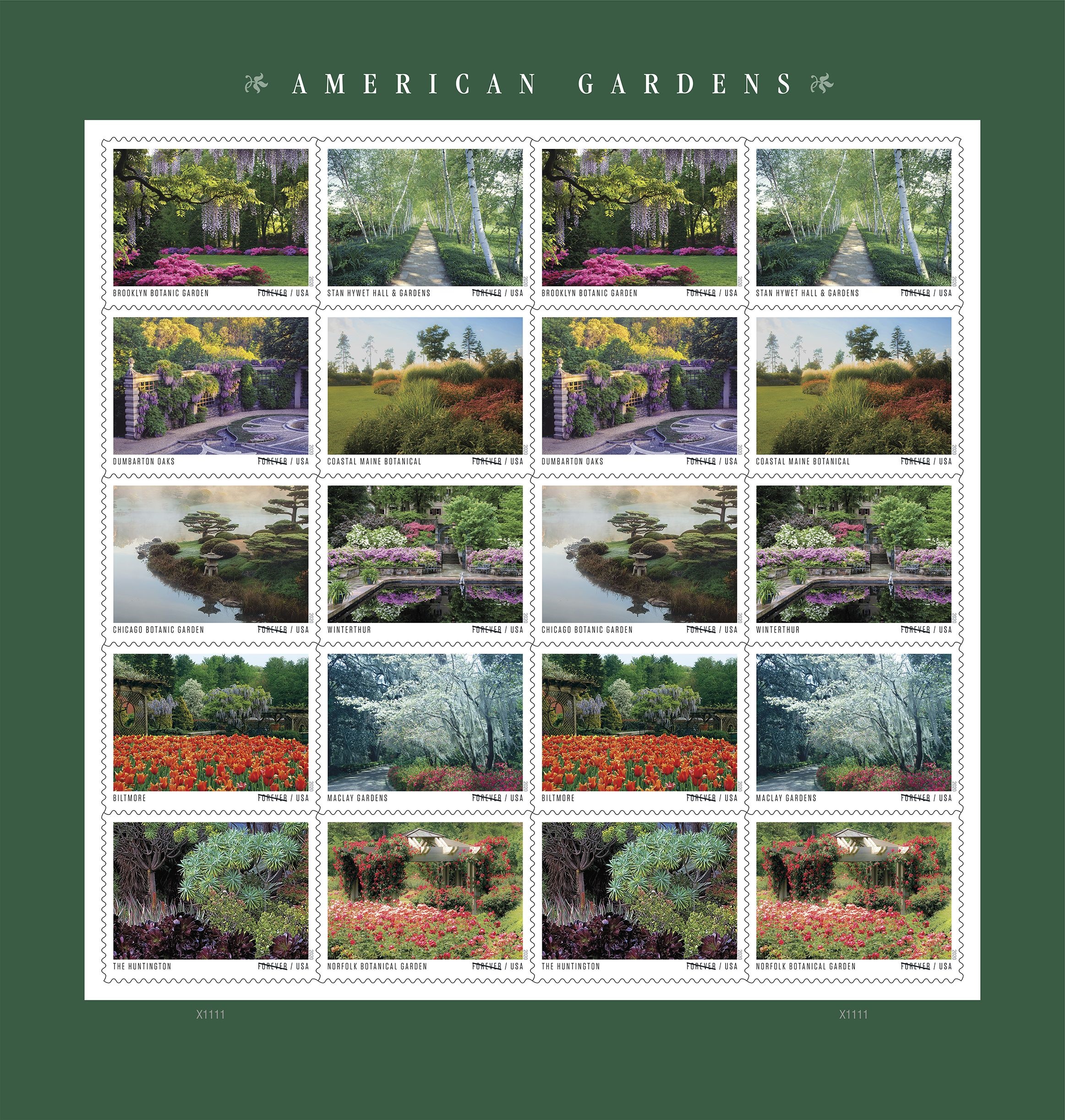 Ten gardens are featured in the American Gardens stamp series.