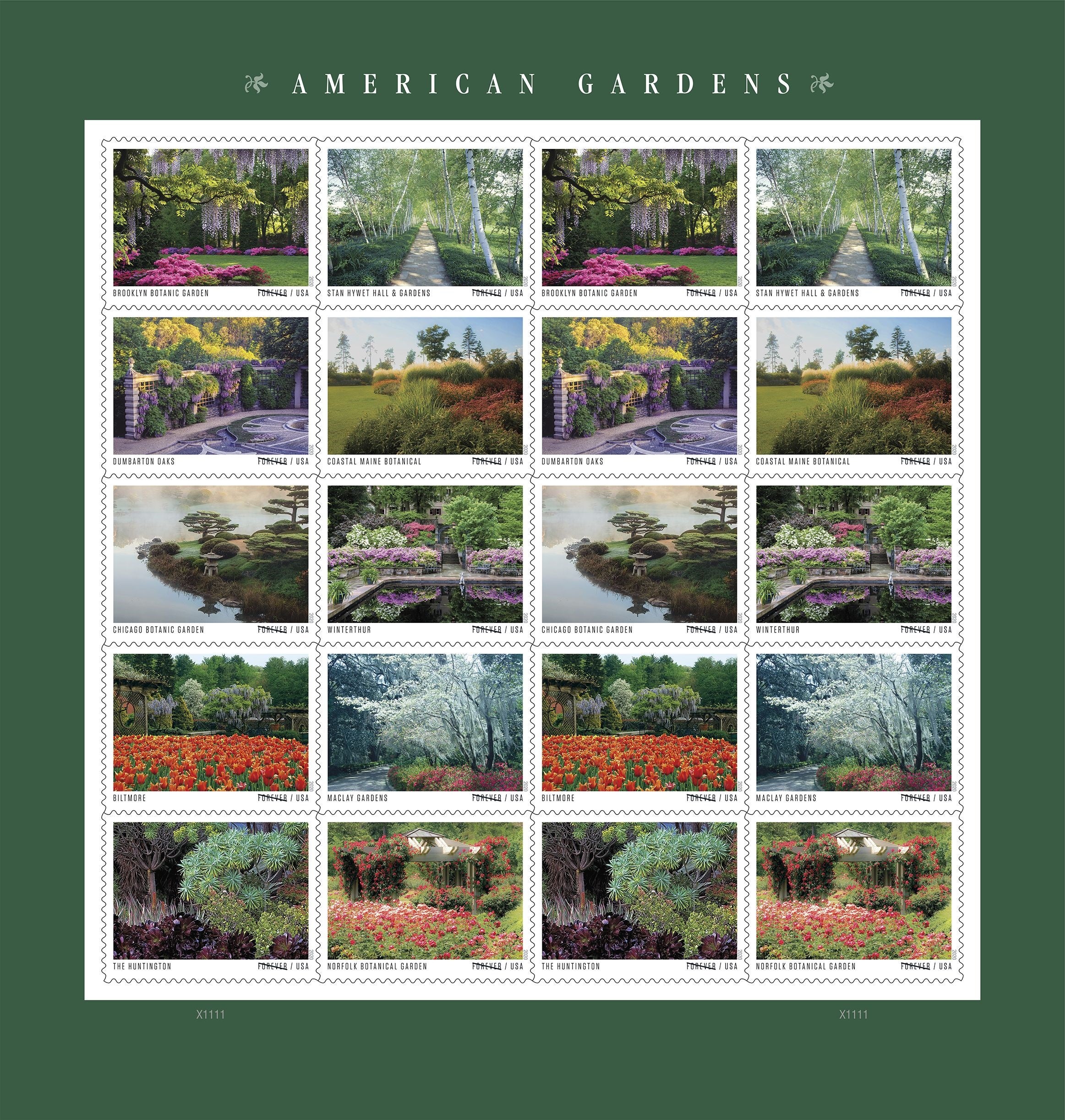 Ten gardens are featured in the American Gardens stamp series.