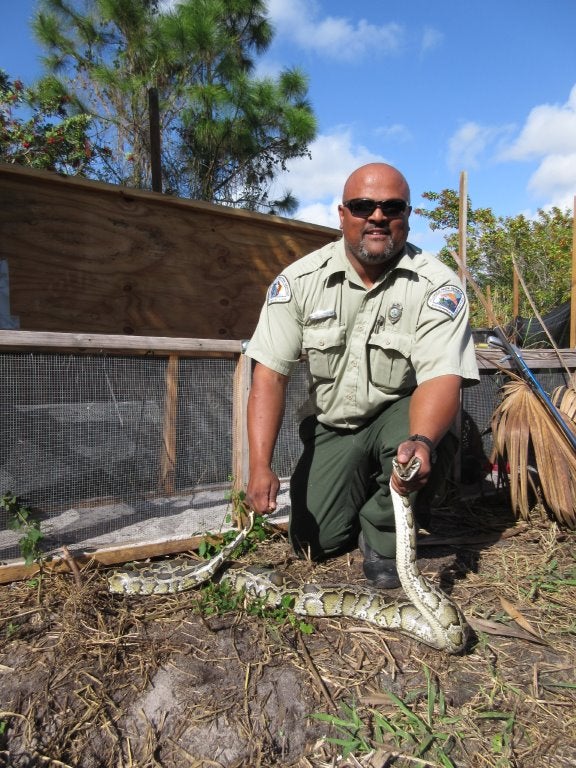 Maulik Patel with a captured Burmese python.