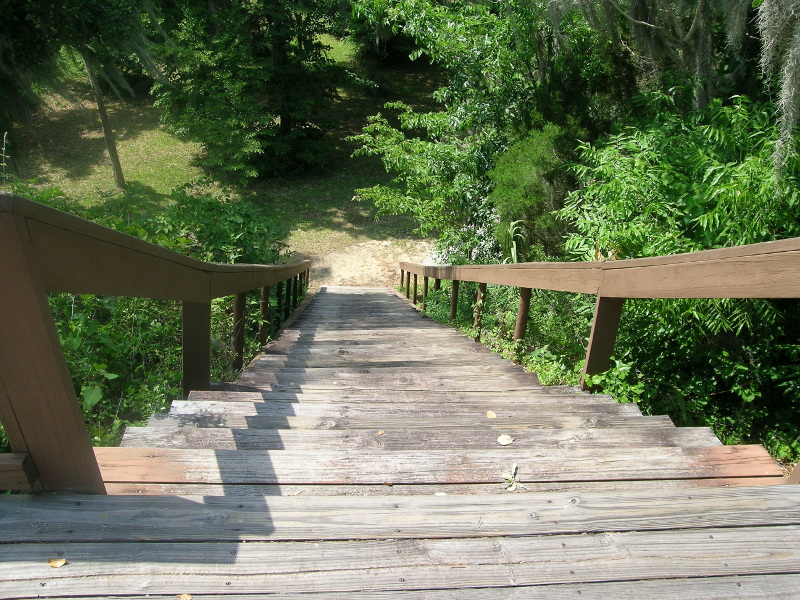 stairs lead down towards green vegetation and grass.