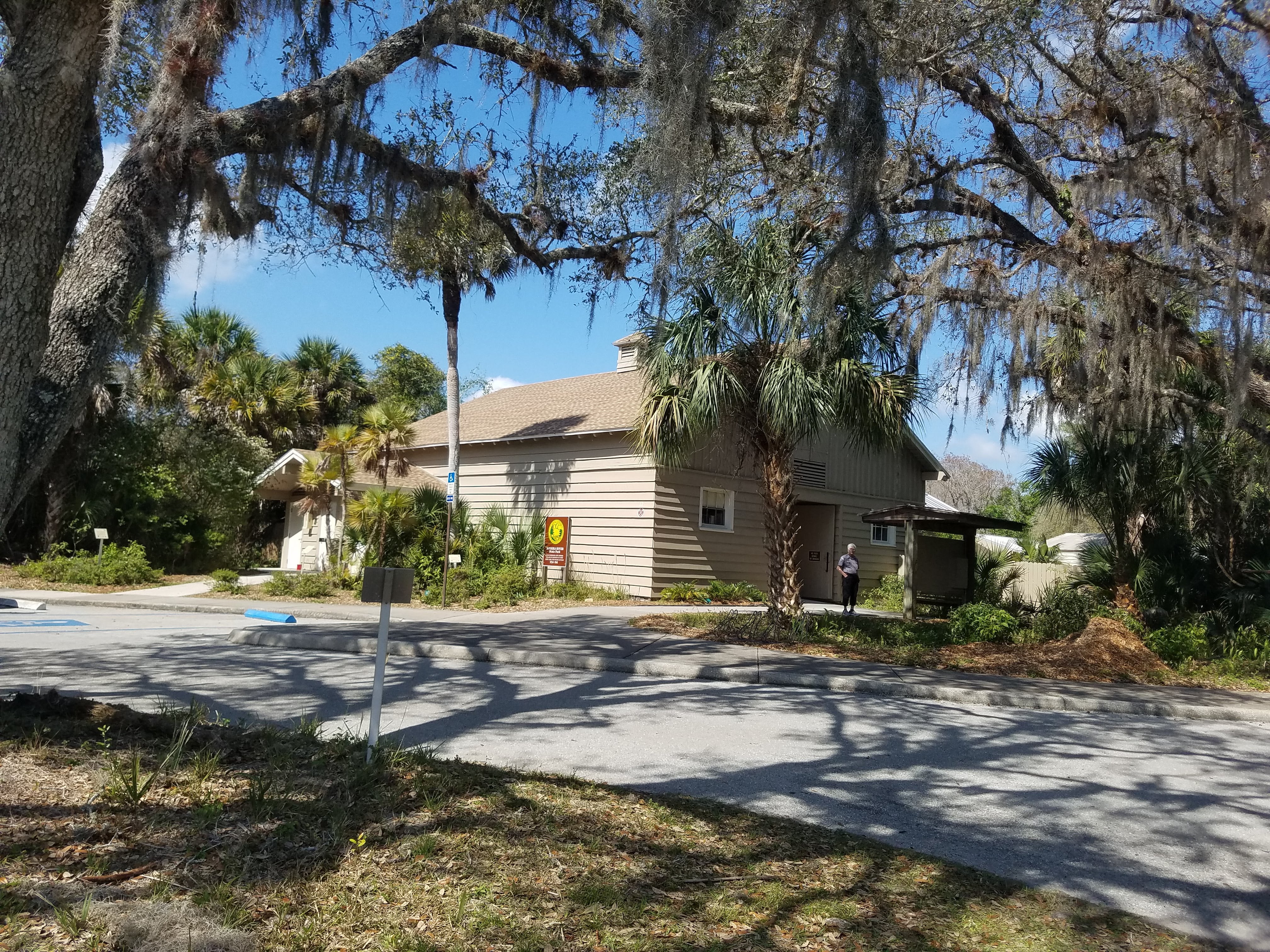 A Live Oak tree frames the outside of the Myakka Visitor Center.