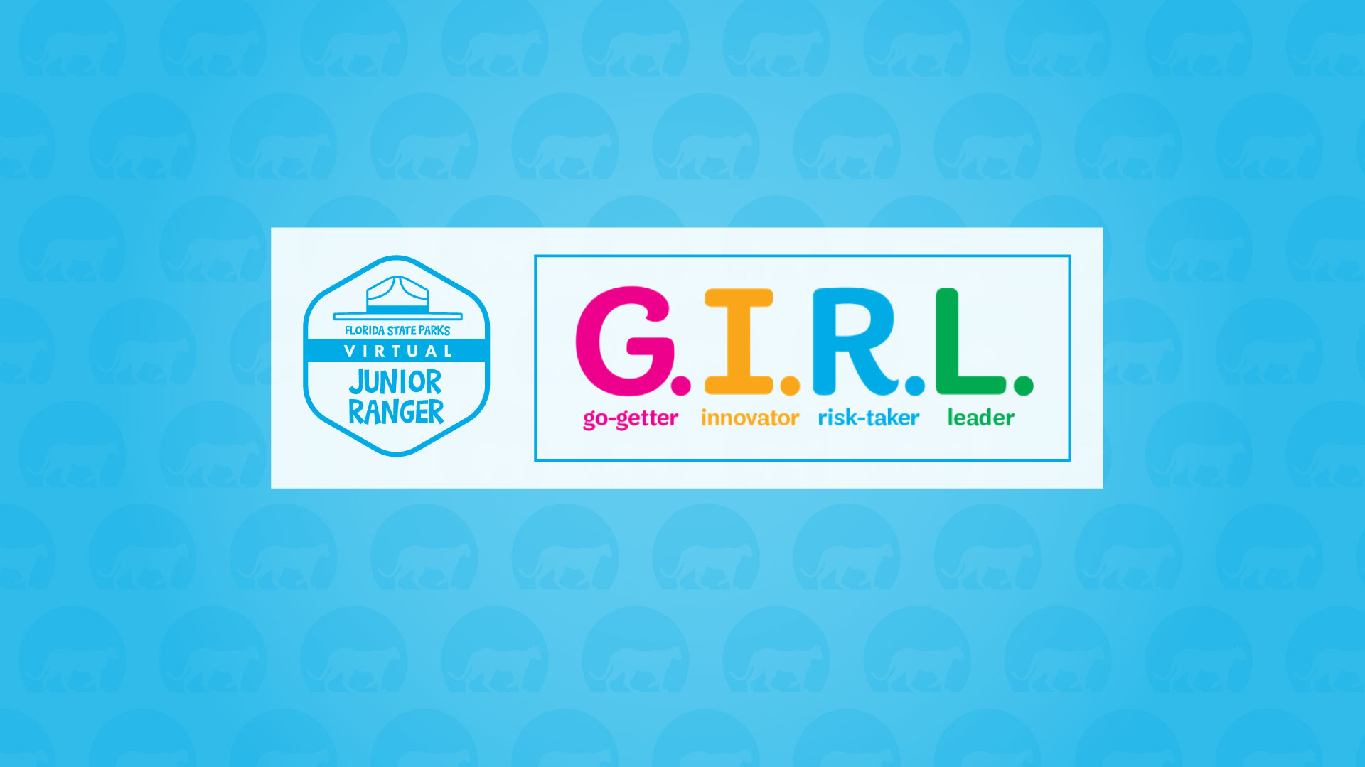 Virtual Junior Ranger Badge and GIRL on Blue Background