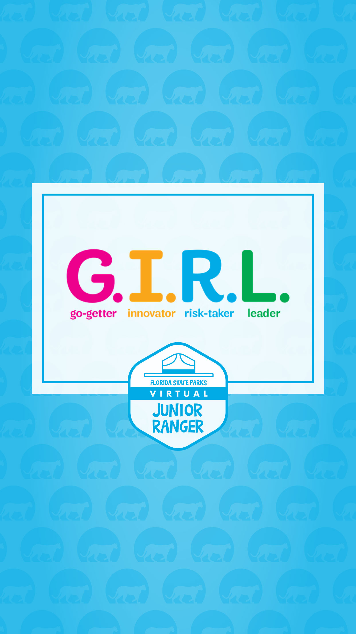 Virtual Junior Ranger Badge and GIRL on Blue Background formatted for Mobile