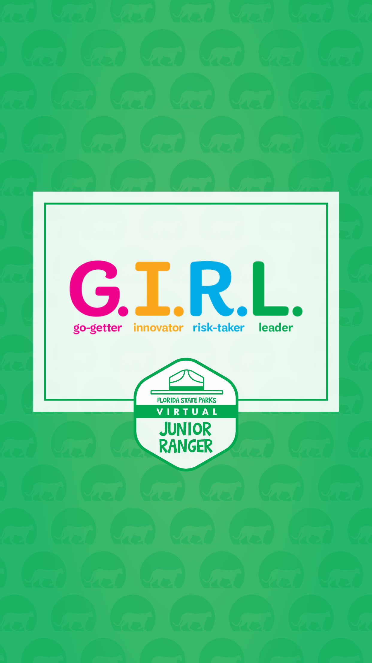 Virtual Junior Ranger Badge and GIRL on Green Background formatted for Mobile