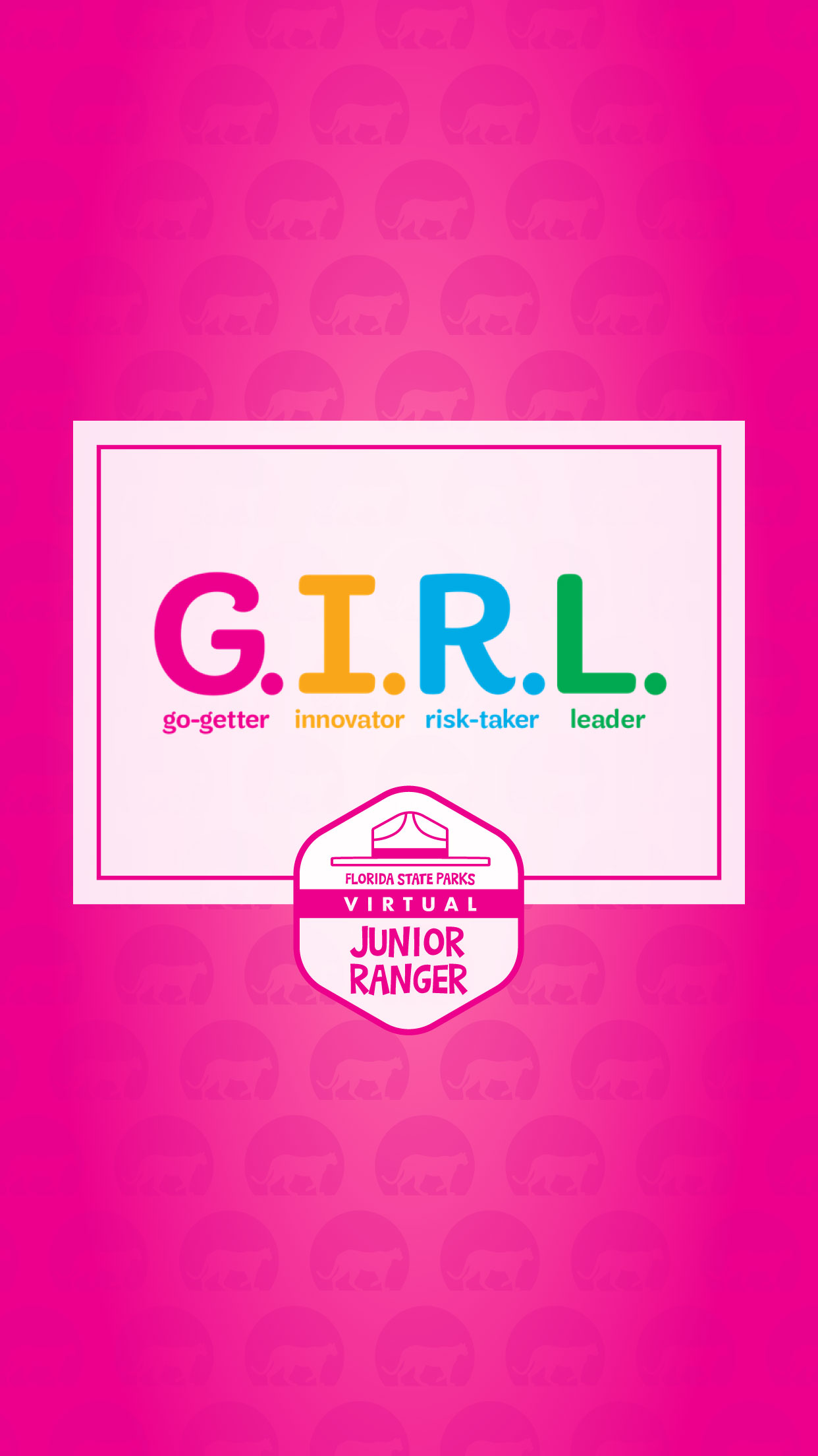 Virtual Junior Ranger Badge and GIRL on Magenta Background formatted for Mobile