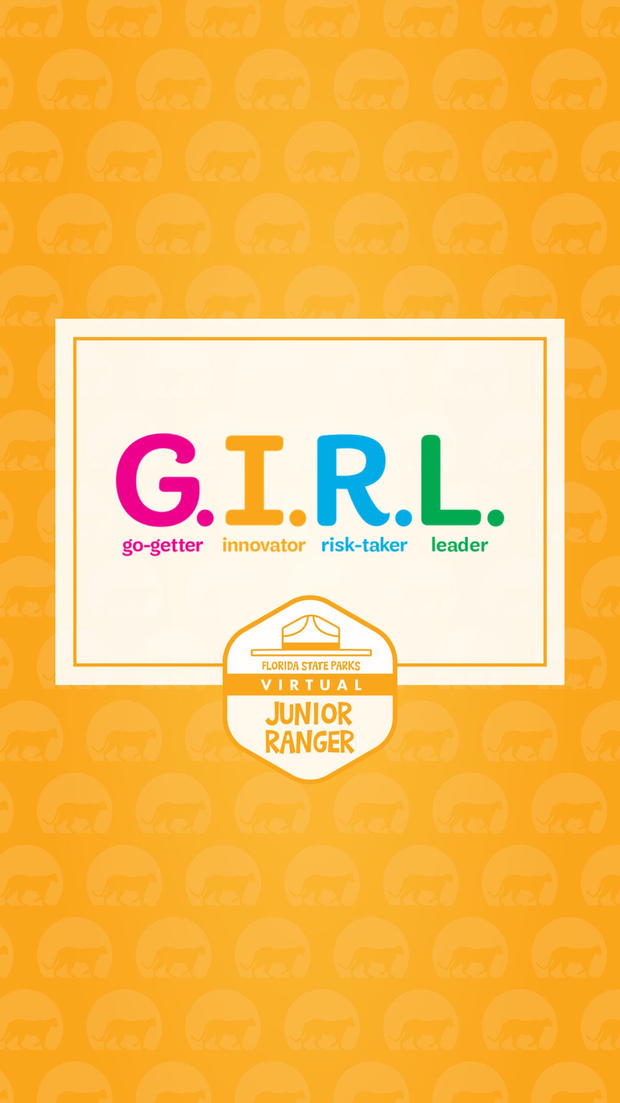 Virtual Junior Ranger Badge and GIRL on Orange Background formatted for Mobile