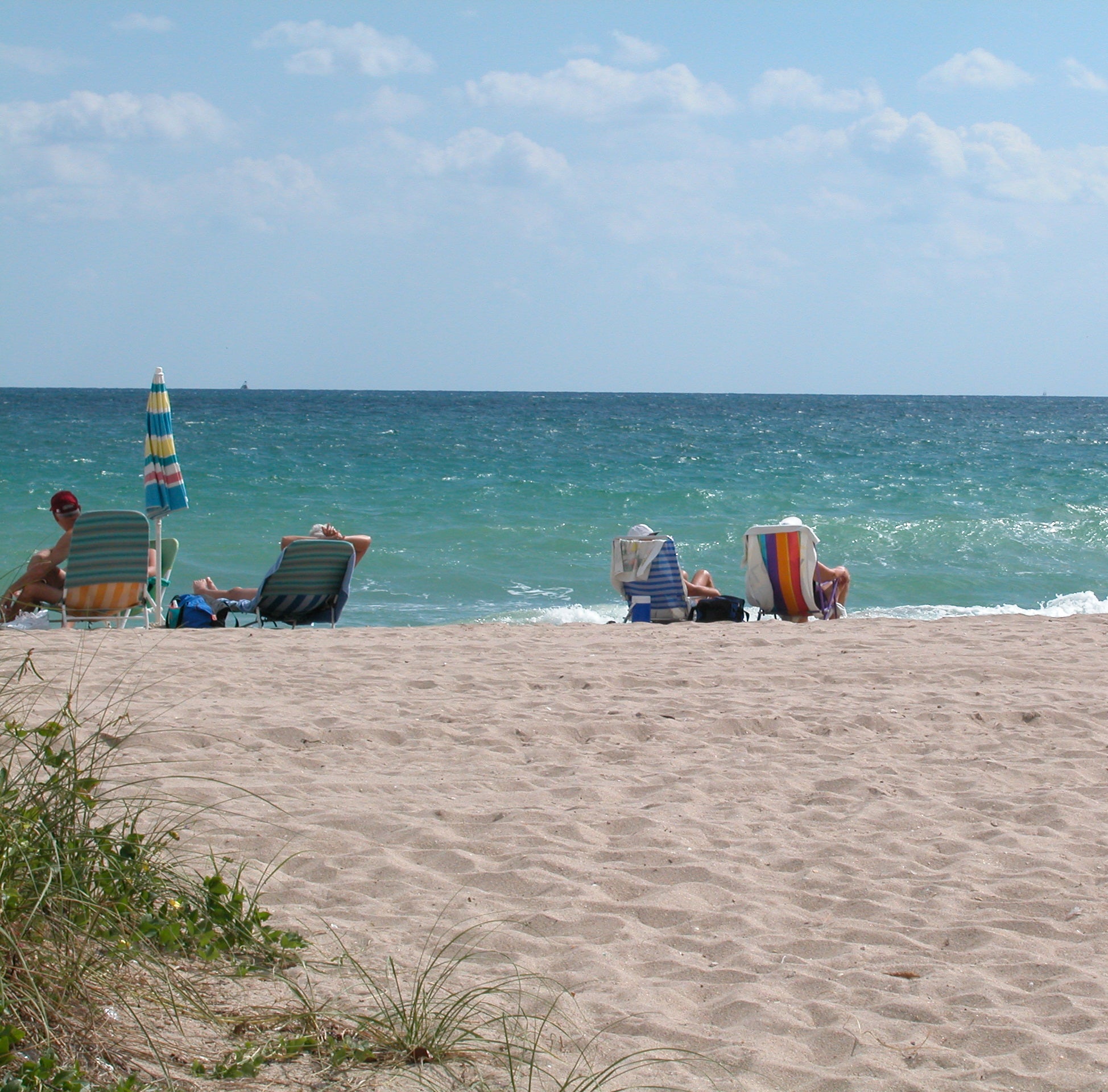 A view of people sunbathing on the beach.