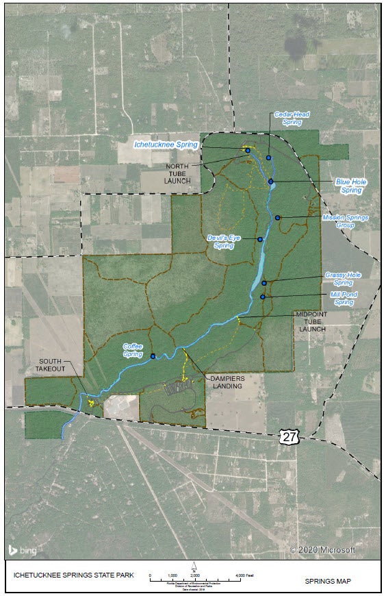 Map of the Ichetucknee River showing the major springs and the tube launches within the park.