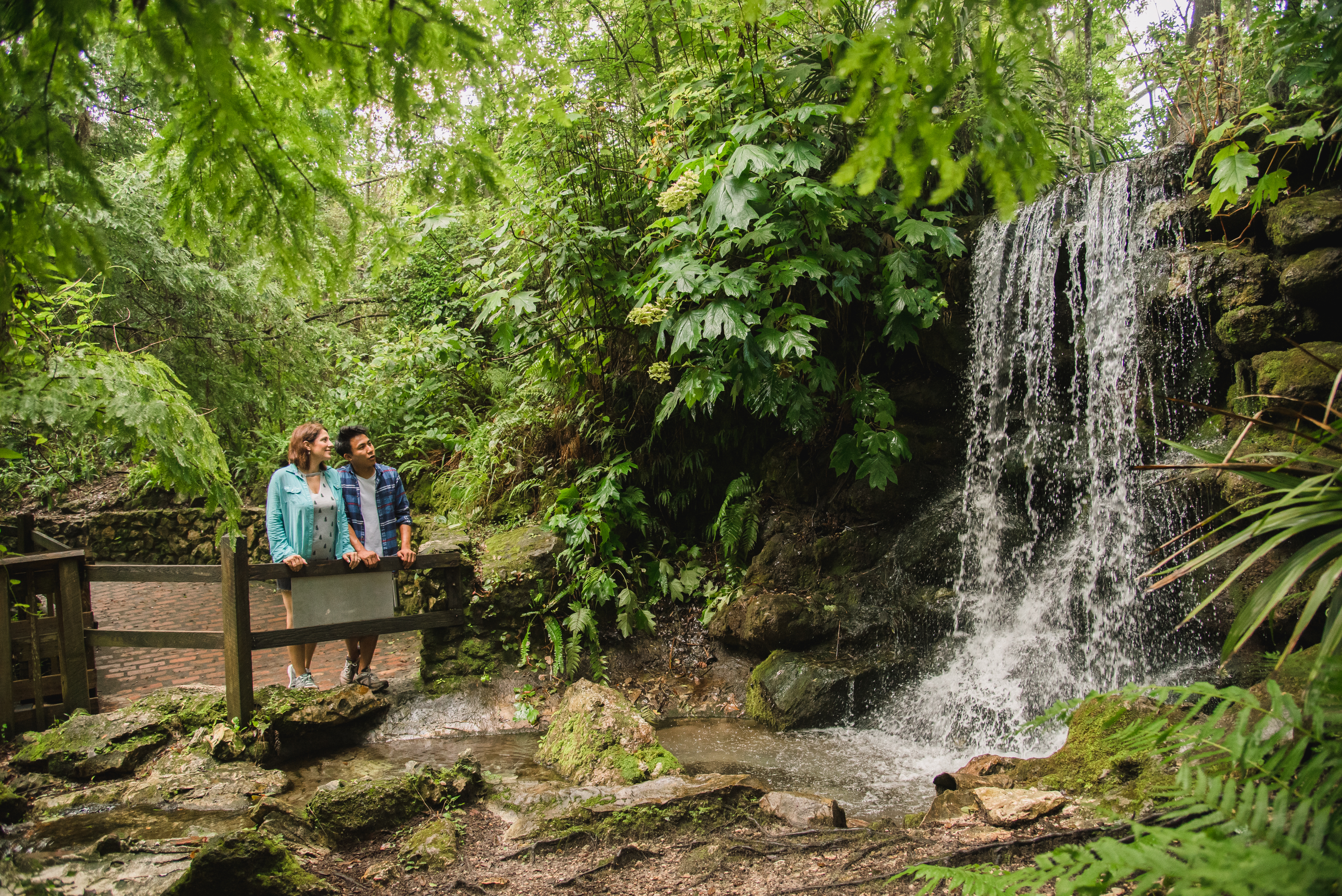 two people standing on a bridge, looking at a waterfall.