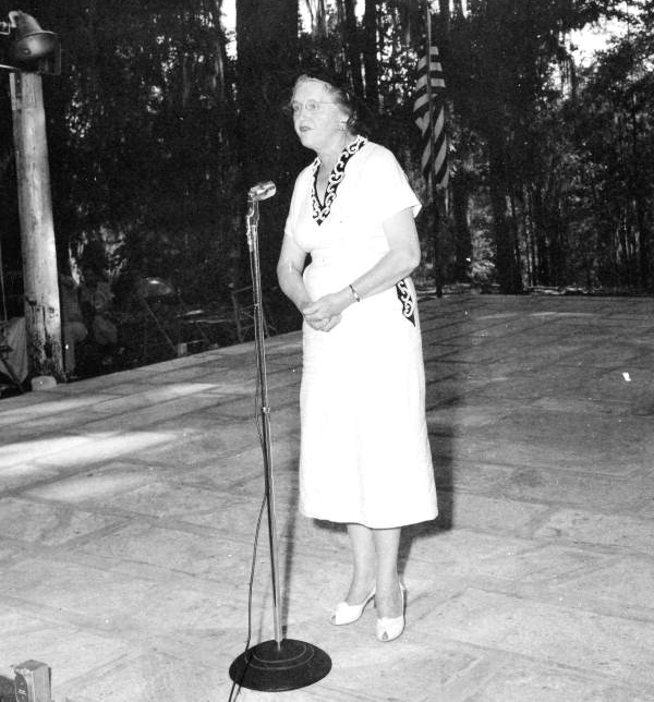 Mrs. W.A. Saunders speaking at the 1956 Folk Festival