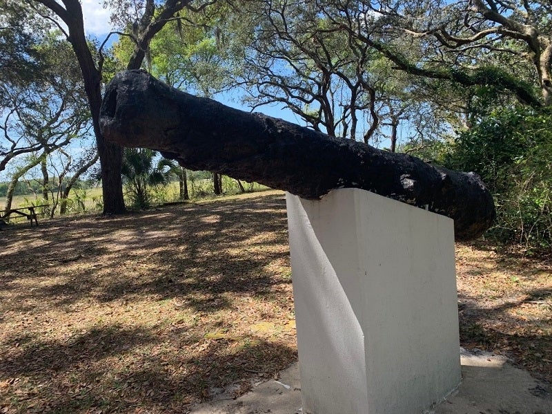 a large black cannon sits atop a concrete plinth. Oak trees are visible around it