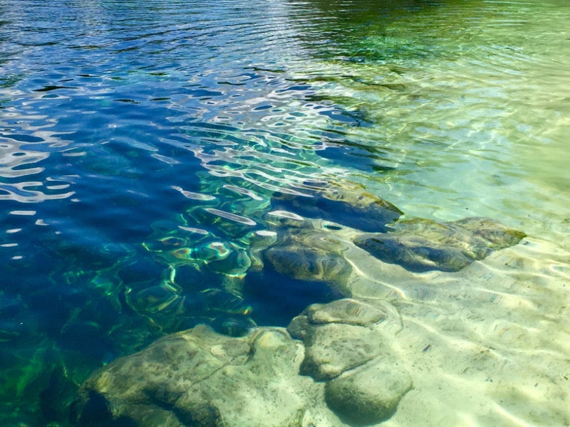 a shelf of rocks and sand suddenly drops off into deep water beneath the surface of a spring.