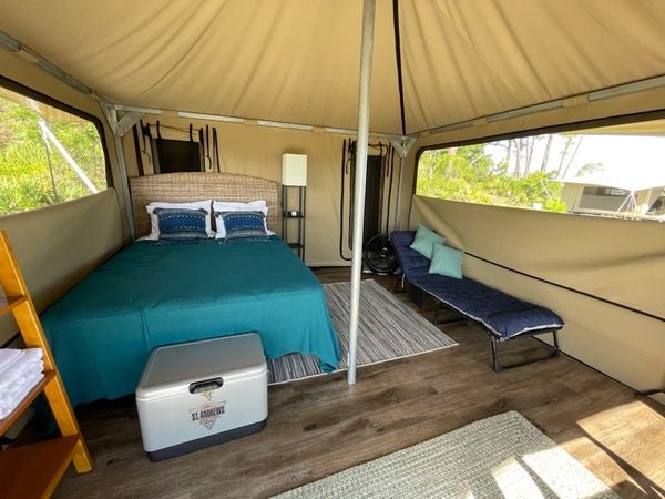 Looking in one of three eco-tents at St. Andrews State Park.