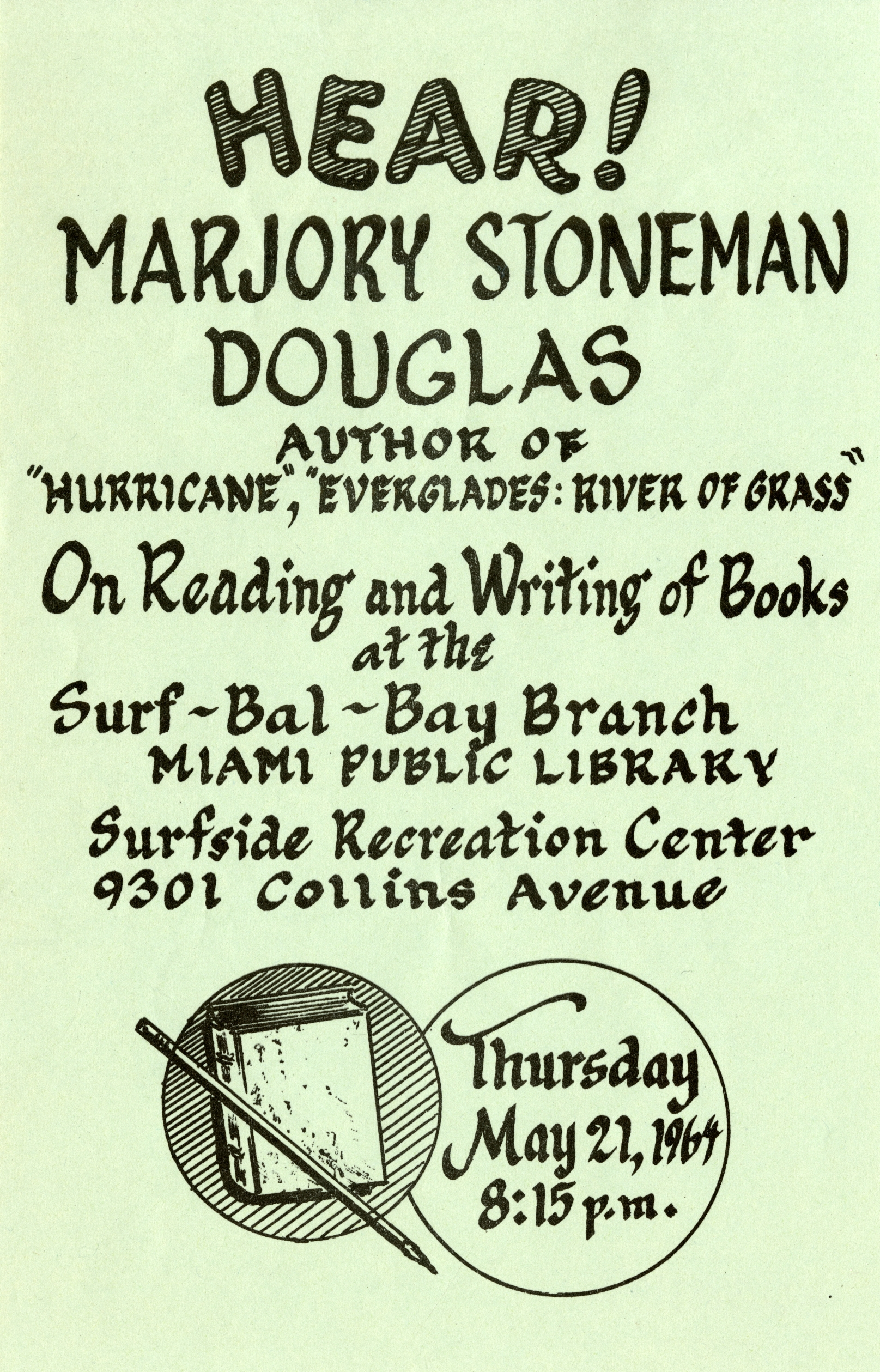 Flier promoting a talk by Marjory Stoneman Douglas, 1964