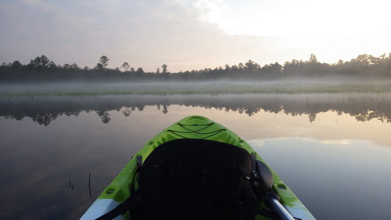 a green kayak floats atop a foggy lake surrounded by trees at dawn
