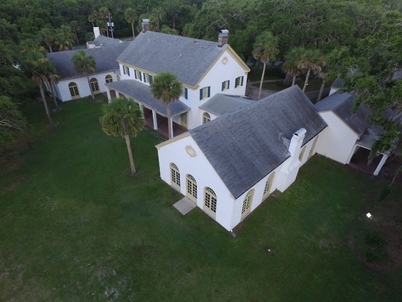 aerial view looking down on stately house and palm trees