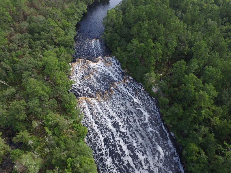 whitewater rapids in a river are seen from the air