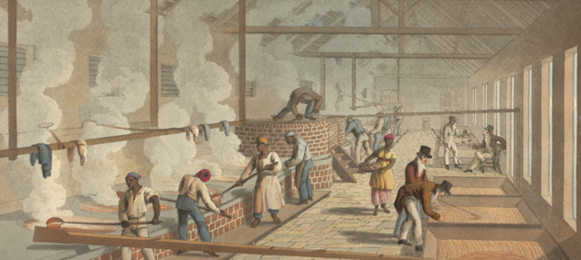 During the sugar harvest, slaves dipped hot syrup down a line of kettles called the Jamaica Train.