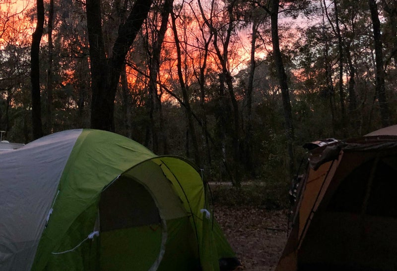 green and orange tents sit next to each other as the sun sets