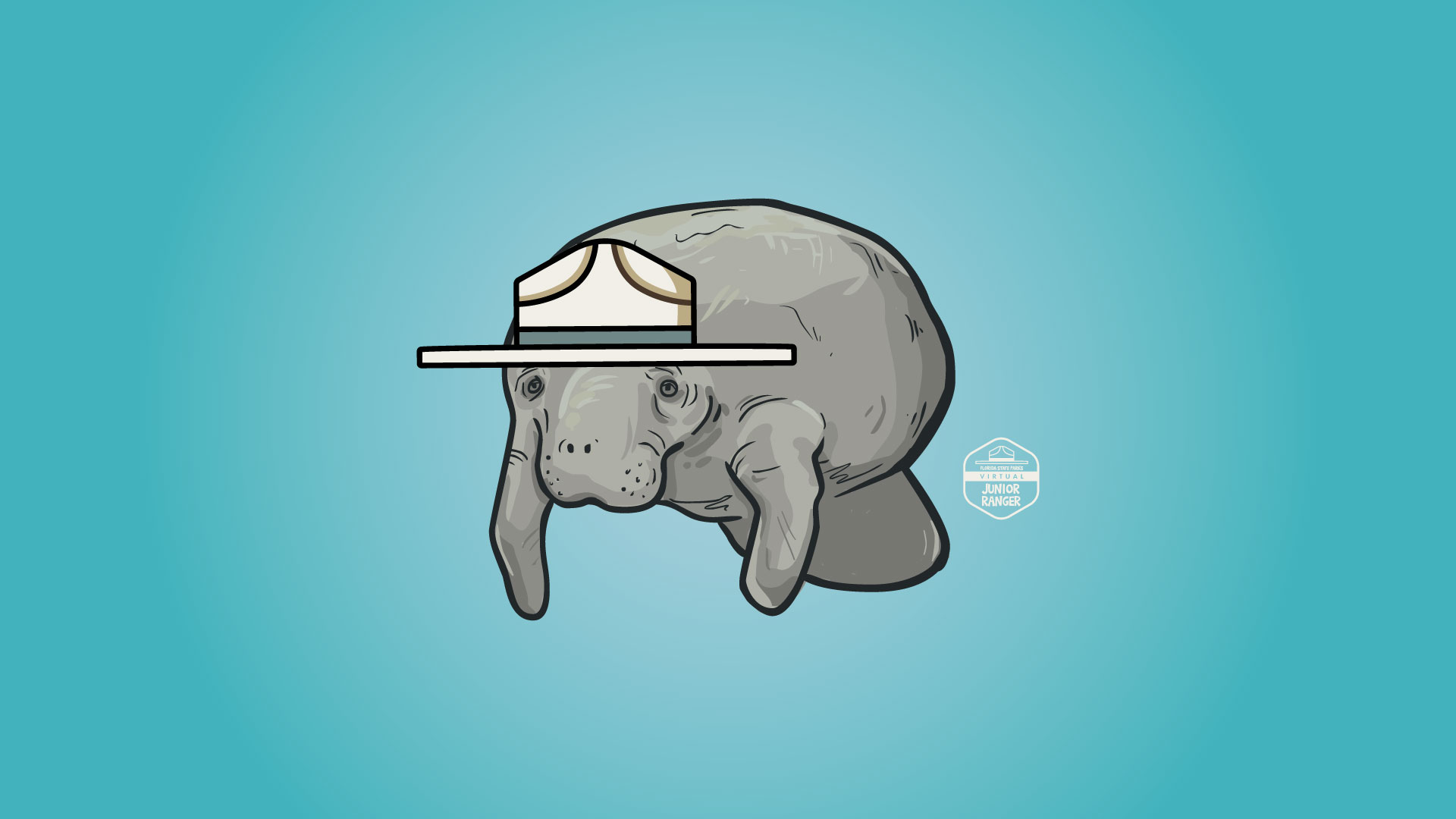 Drawing of a manatee wearing a ranger hat