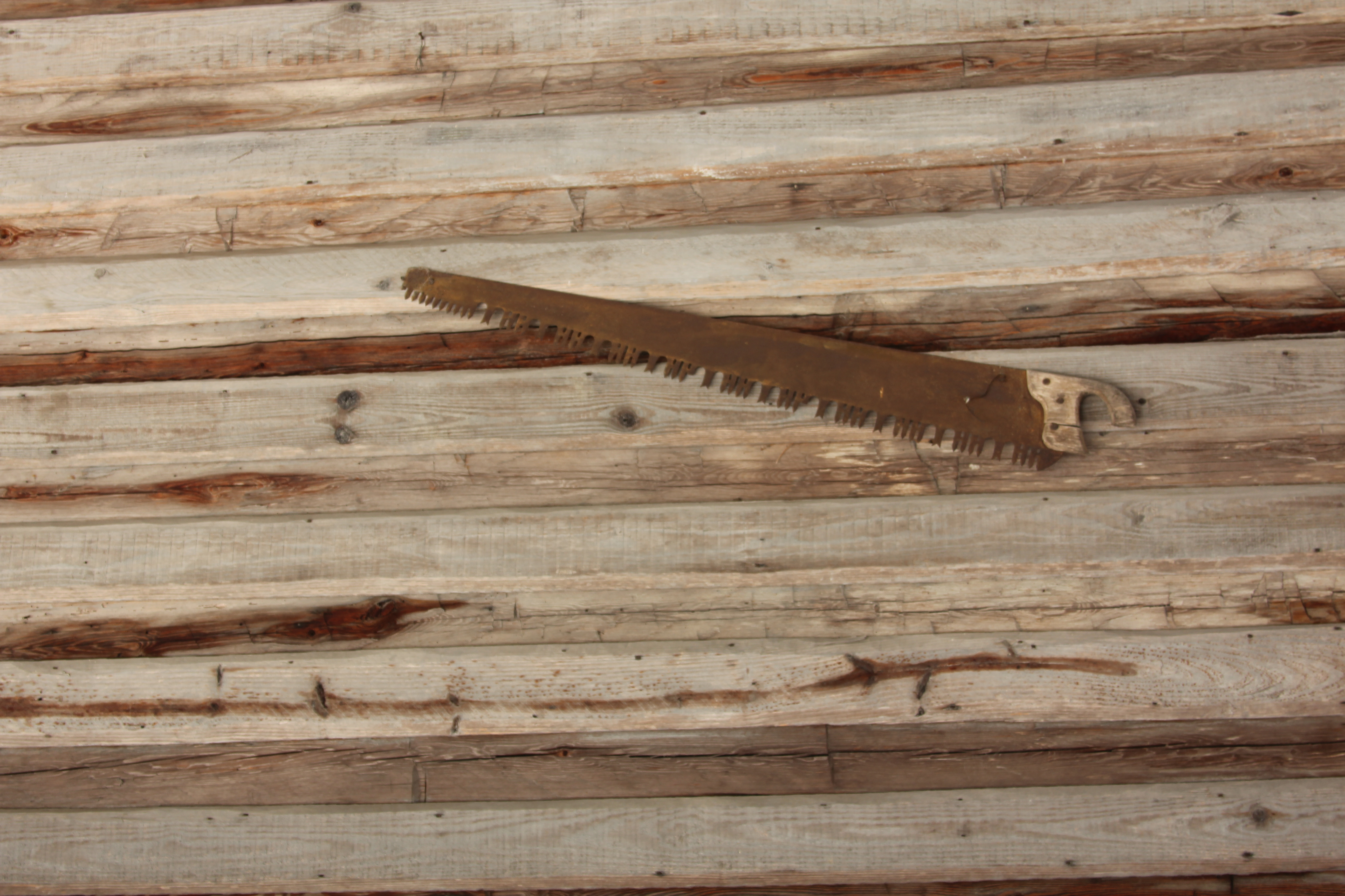 an antique handsaw hung on a wooden wall.