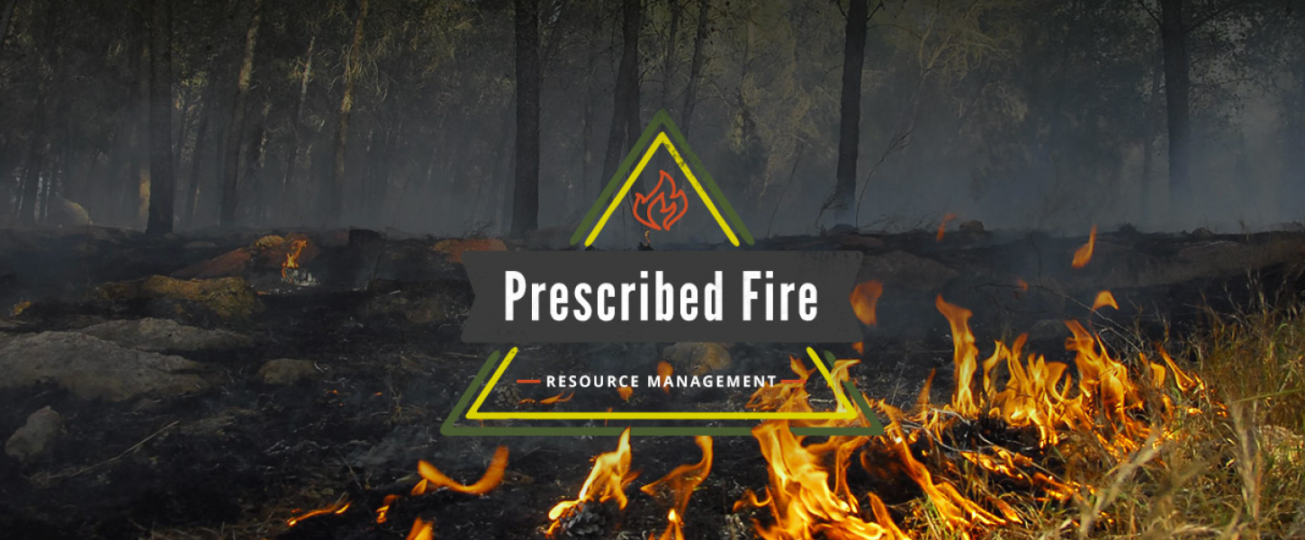 A banner with the prescribed fire logo in the middle, flames can be seen in the background.