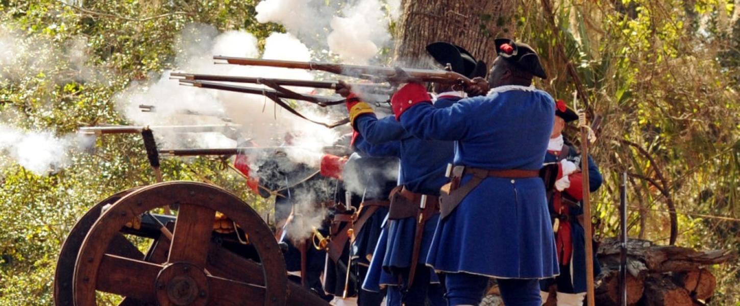 Fort Mose Militia firing their historic weapons in a demonstration