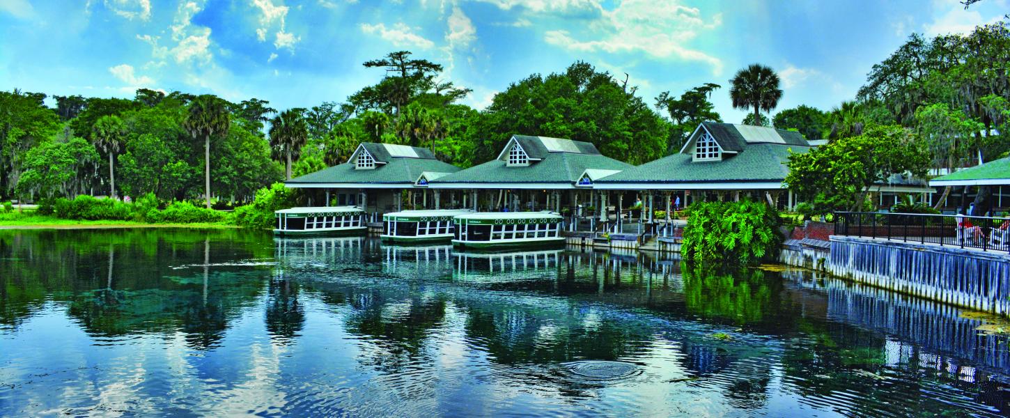 View of historic boats docked at the landing of Silver Springs State Park