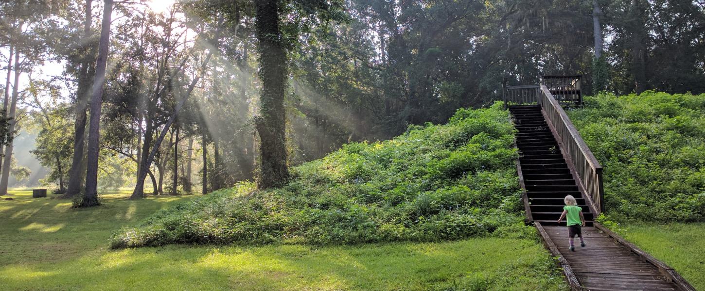 A child walking along a boardwalk that goes over a large ceremonial mound. 