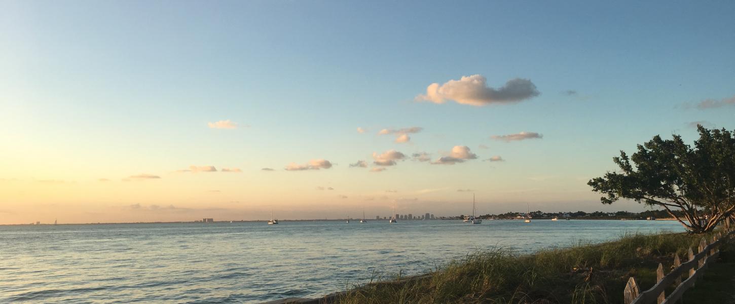 A view of the beach at sunset.