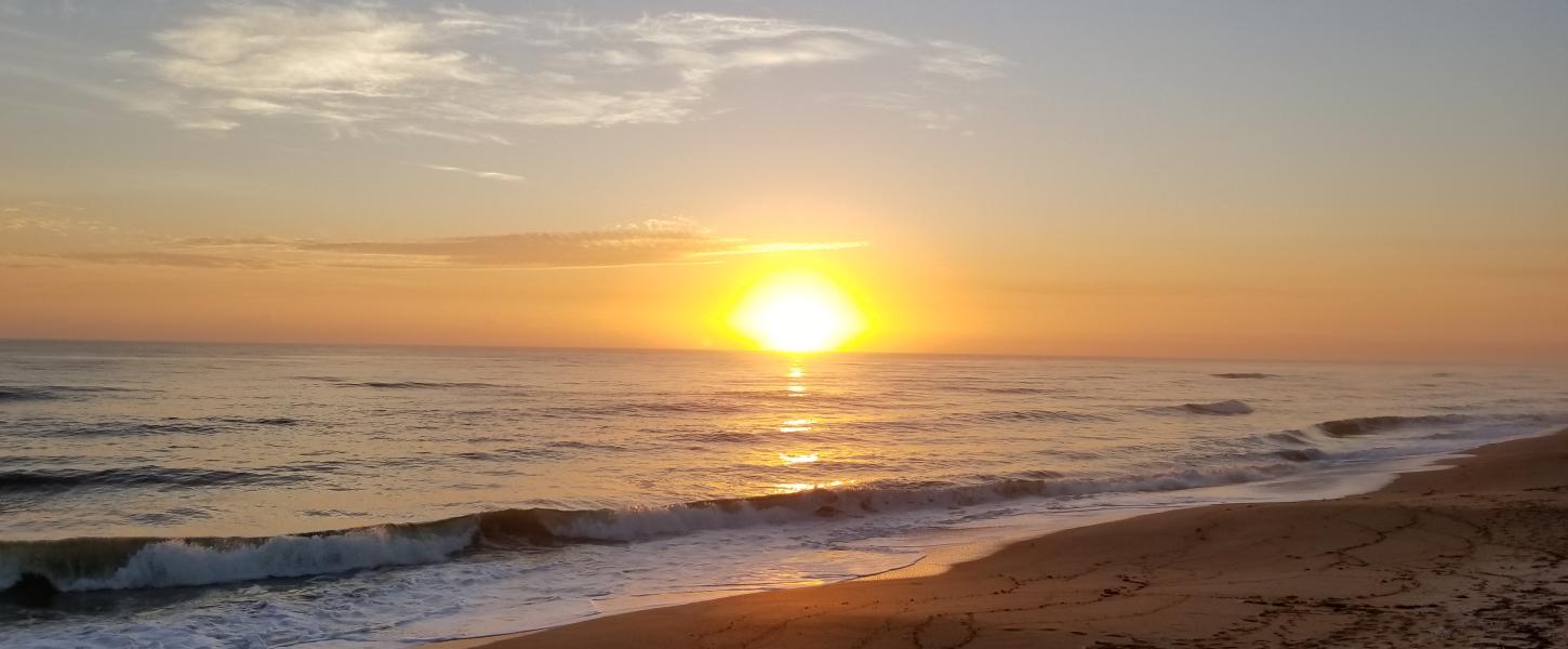 A view of the beach at sunset.