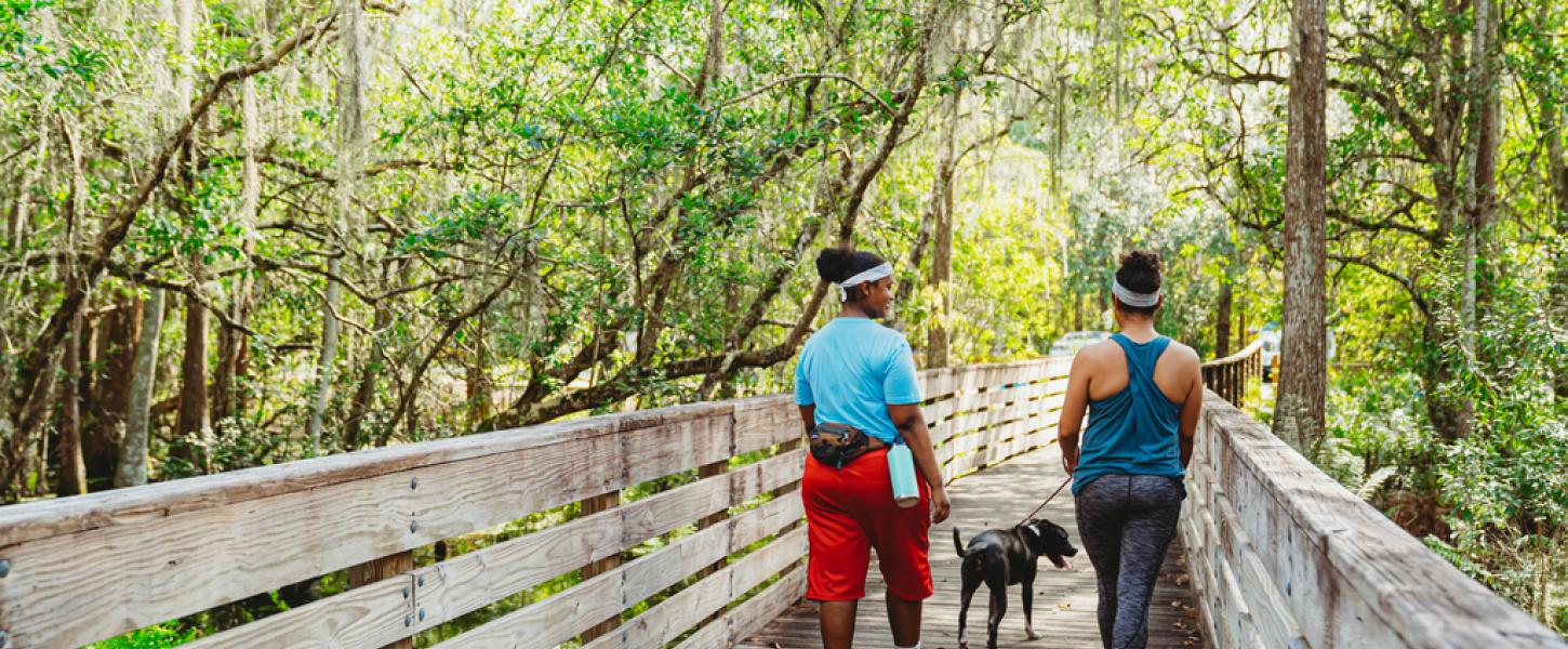 Two visitors walking dog on a leash