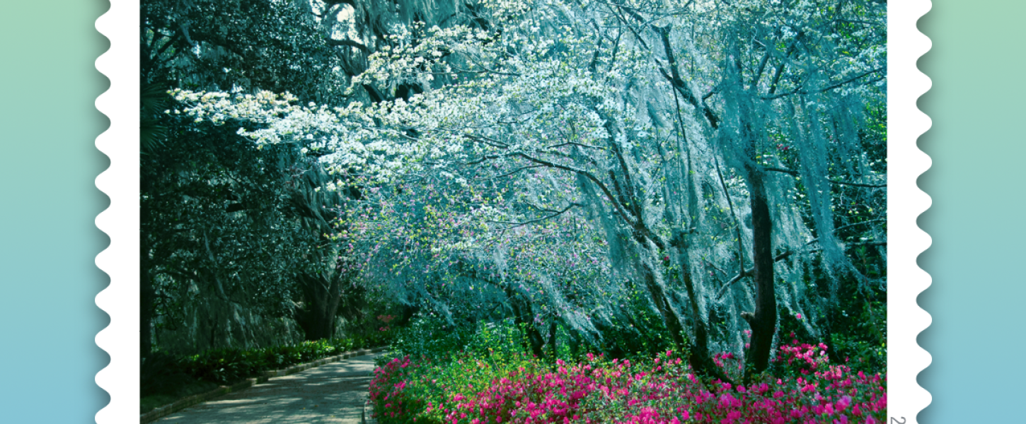 Stamp of photo taken at Alfred B. Maclay Gardens State Park as part of the American Gardens series by the US Postal Service.