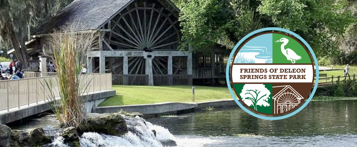 A small waterfall with the Friends of De Leon Springs State Park logo in the front.