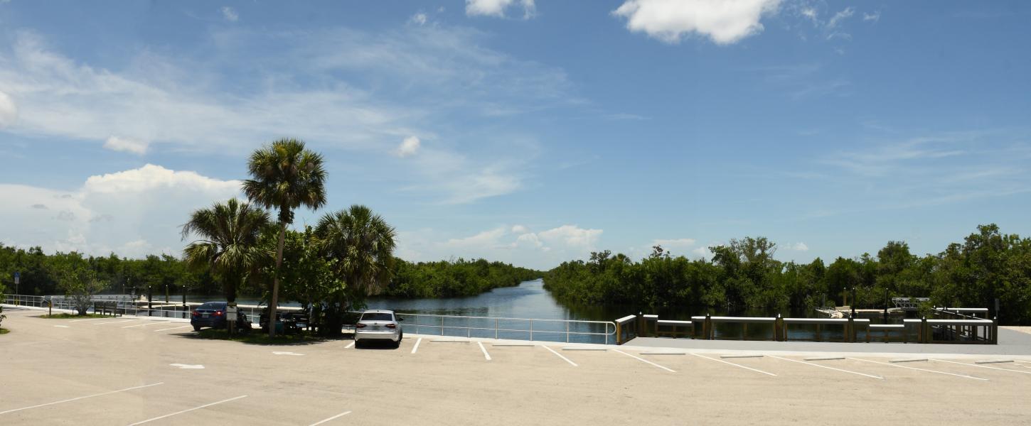 car parked near a river blue sky green palms mangroves