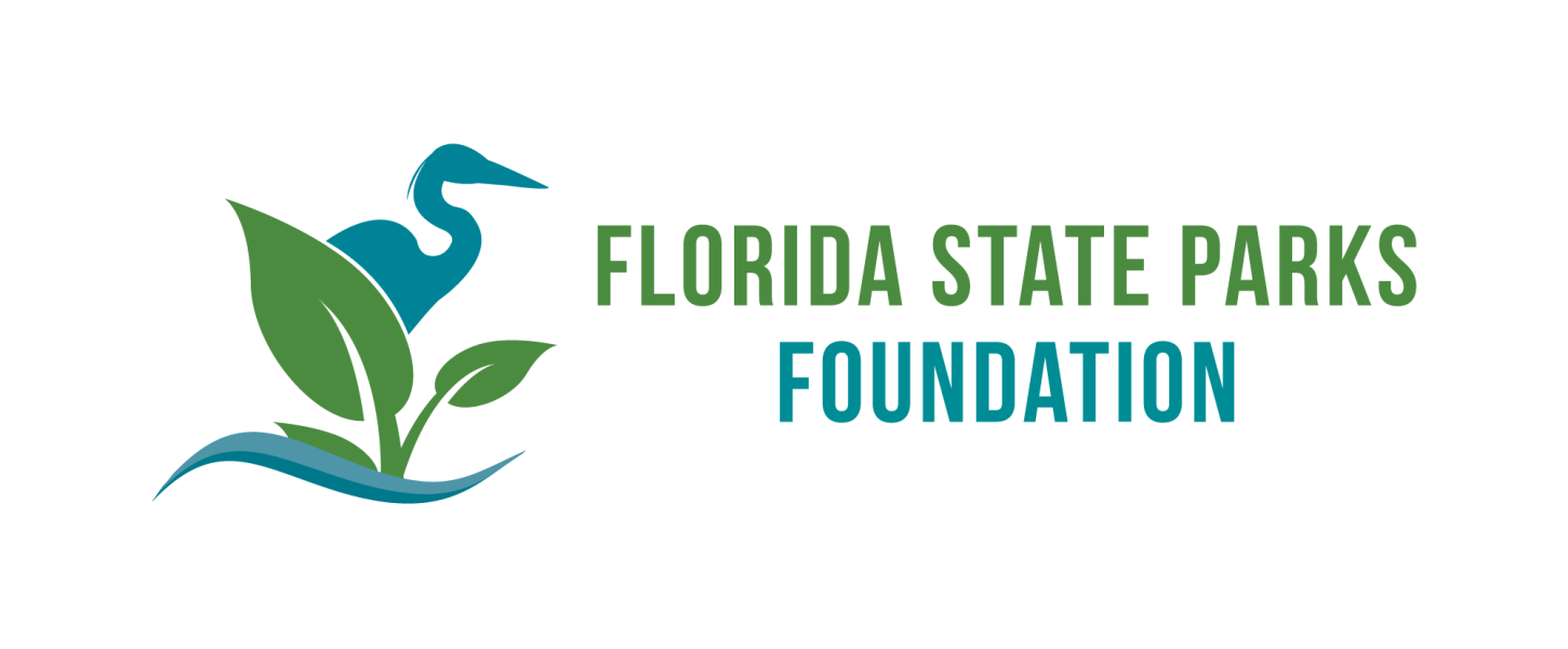 A decorative logo showing a blue silhouette of a heron behind two large green leaves. Text reads "Florida State Parks Foundation."