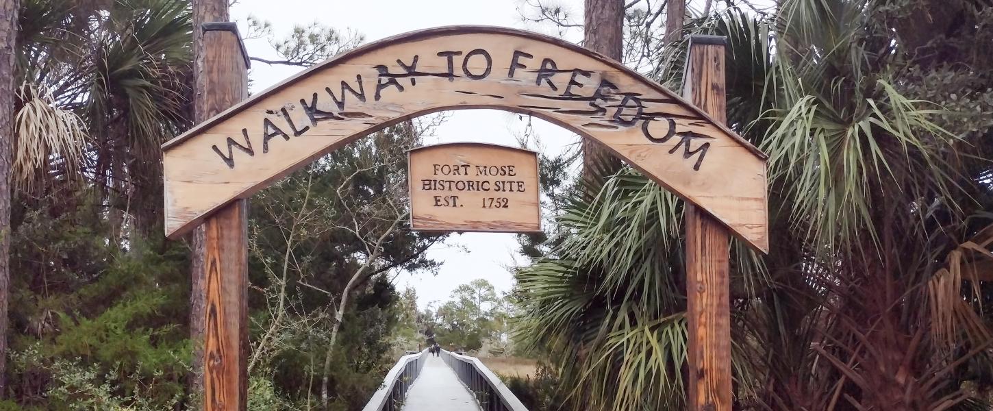 A boardwalk through pine trees with a sign above the boardwalk displaying the text, "Walkway to Freedom"