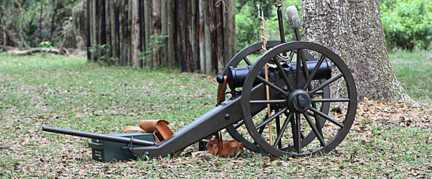 a small cannon stands next to a tree, with a picket fence in the background.