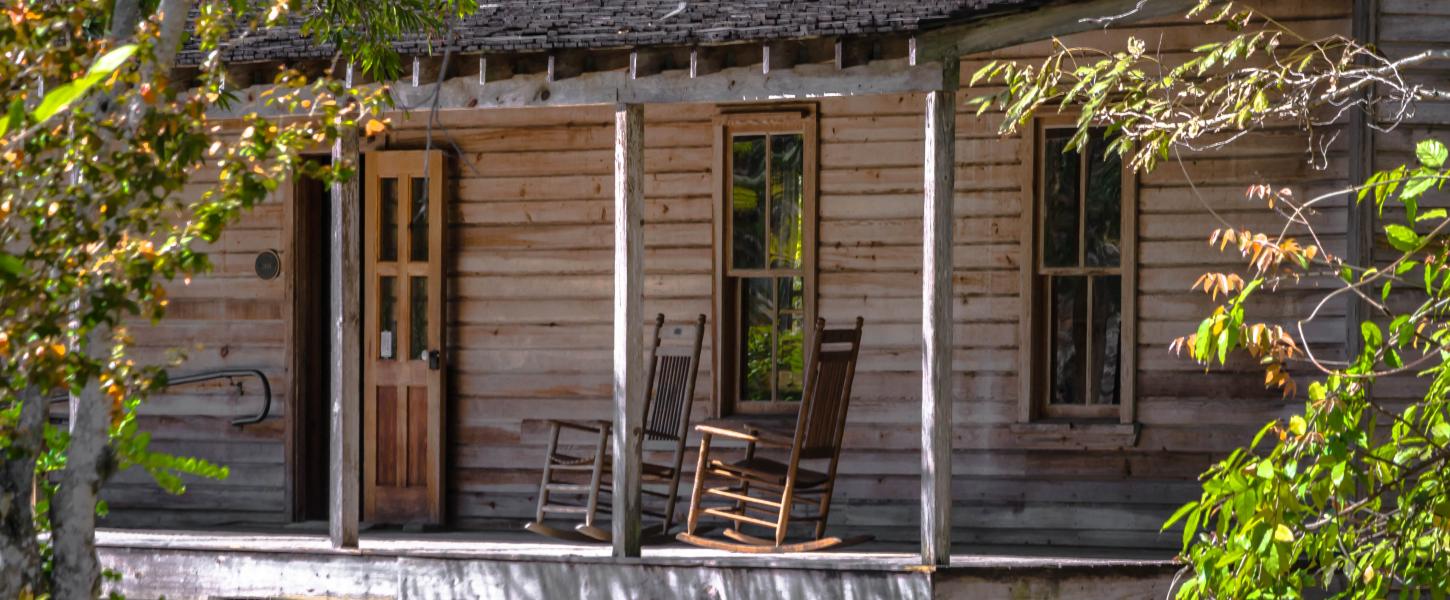 A view of a rustic cabin on the Koreshan settlement.