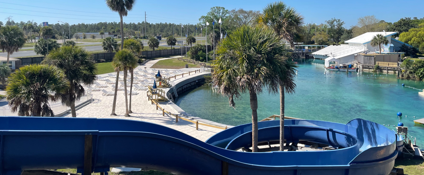 Looking down on Buccaneer Bay from the top of the Cannonball waterslide