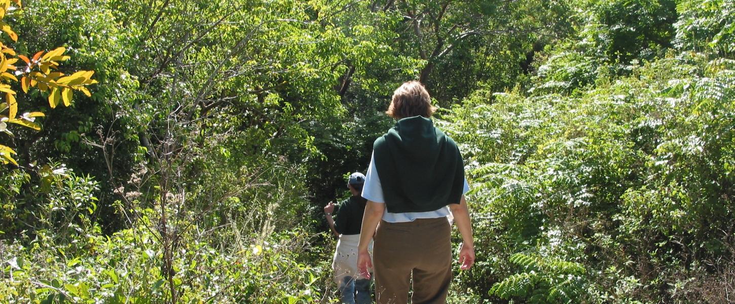 A view of two people hiking a trail at Mound Key.