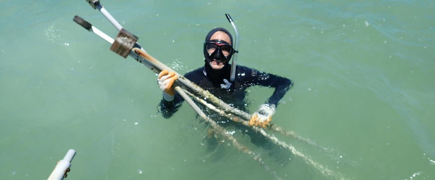 Nate Collins with Bird stakes at Restoration Area