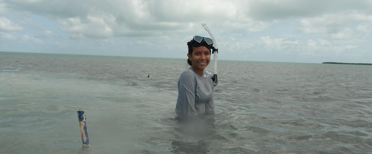 Volunteer Rocio, takes a break from seagrass monitoring.